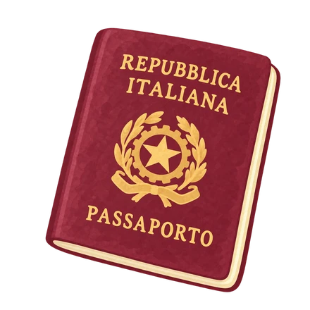 Un piccolo passaporto italiano bordeaux con scritte dorate, illustrato nello stile Pausa caffè