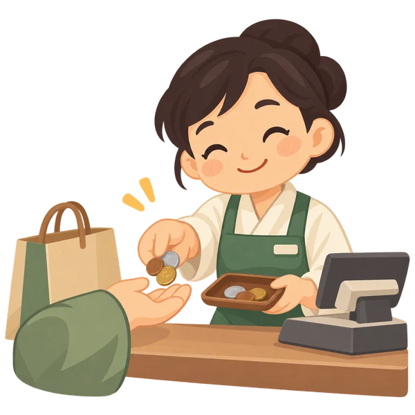 Una commessa sorridente restituisce il resto dopo un piccolo acquisto
