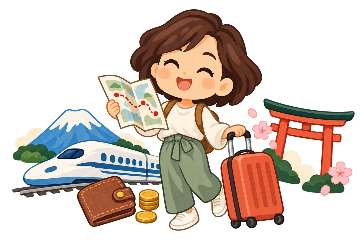 Una viaggiatrice sorridente con mappa e valigia, tra lo Shinkansen, il Fuji e un torii