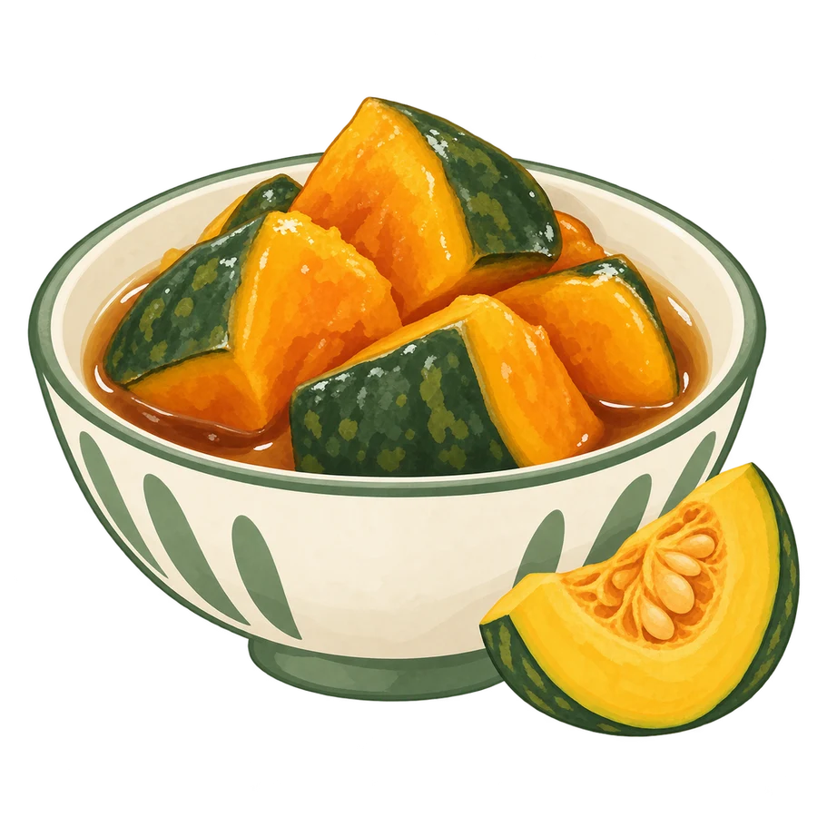 Illustrazione di zucca kabocha stufata in una ciotola con brodo alla salsa di soia
