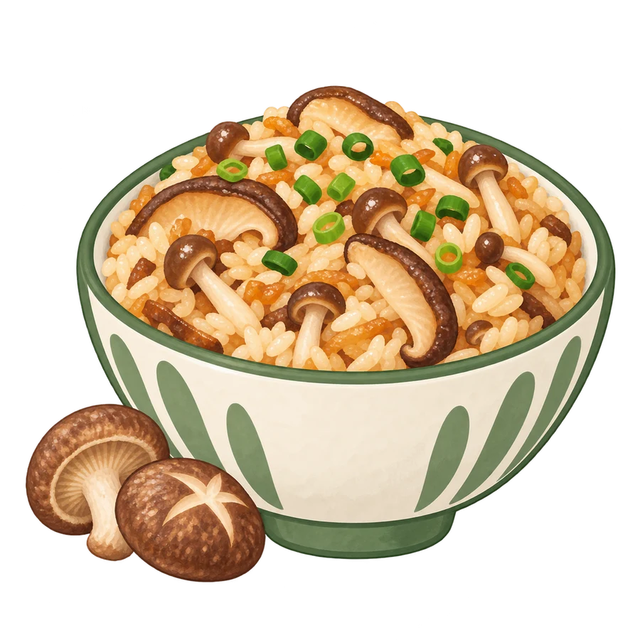 Illustrazione di una ciotola di riso giapponese con funghi shiitake e shimeji