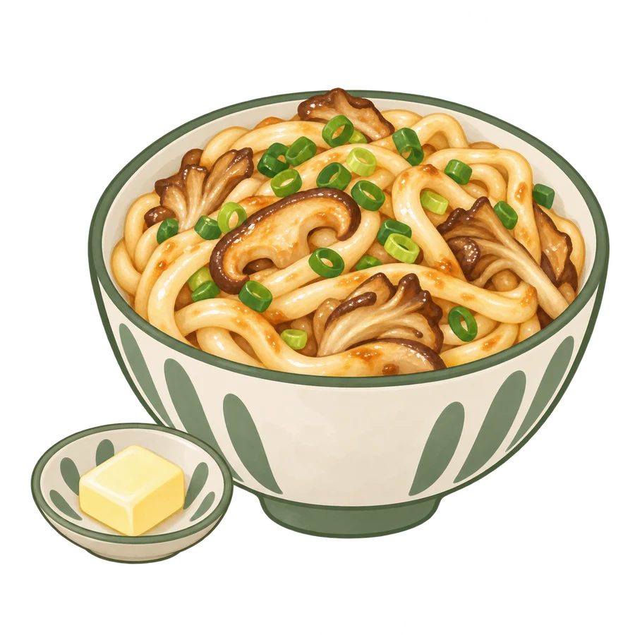 Illustrazione di udon spessi con funghi, cipollotto e salsa al miso e burro