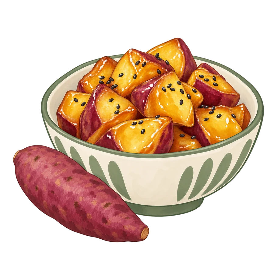 Illustrazione di patate dolci giapponesi caramellate con buccia viola e sesamo nero