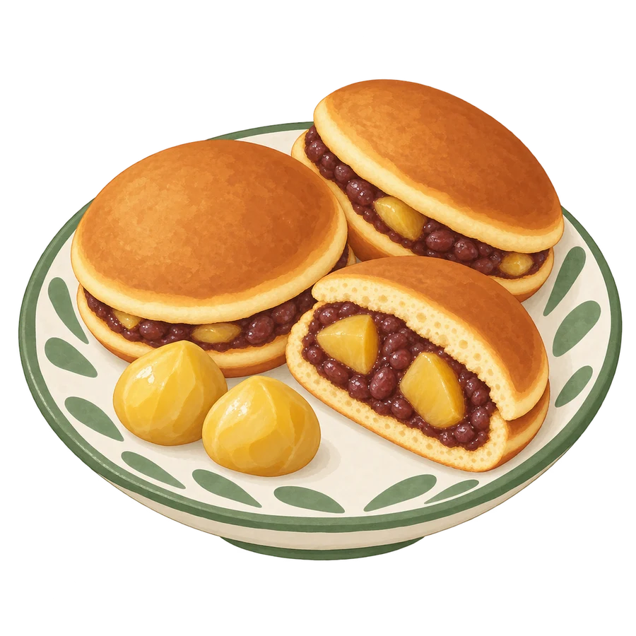 Illustrazione di dorayaki dorati con ripieno di anko e castagne, uno tagliato a metà