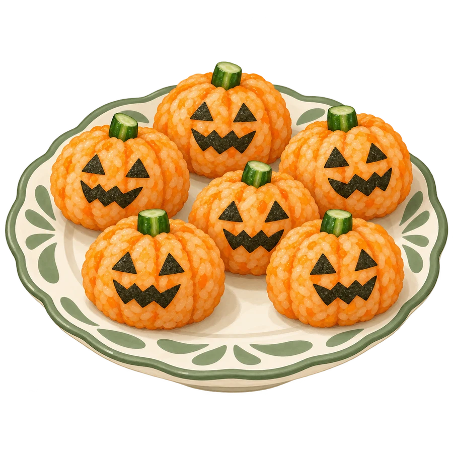 Illustrazione di sei onigiri arancioni a forma di zucca con decorazioni di alga nori