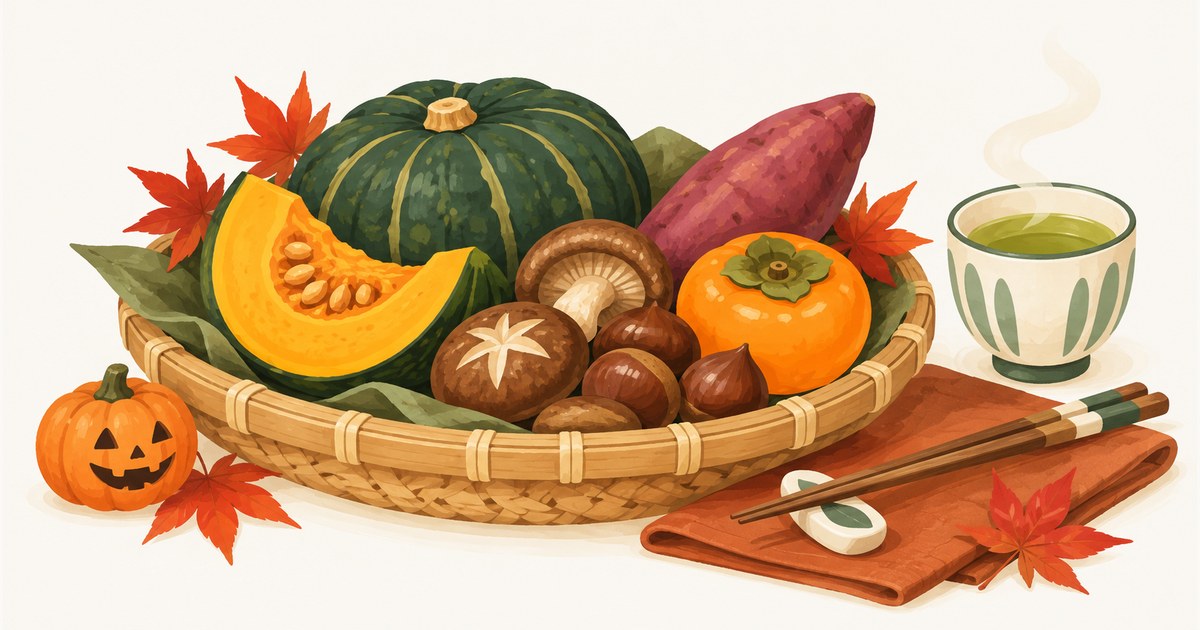 Cesto di ingredienti autunnali giapponesi con zucca, funghi, castagne, patata dolce e caco, tè e foglie di acero