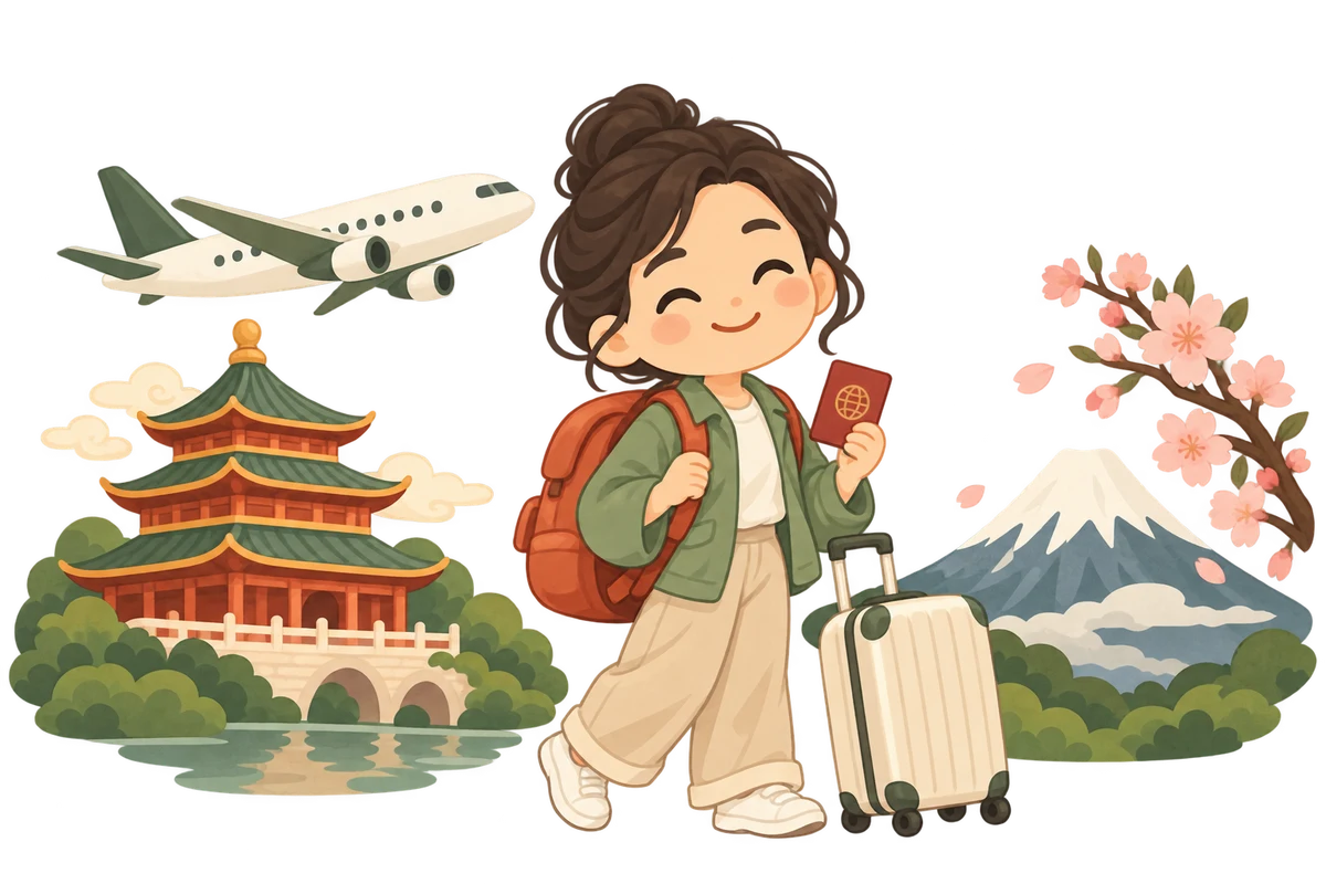 Una viaggiatrice con zaino e valigia, tra un aereo, un padiglione cinese e il monte Fuji