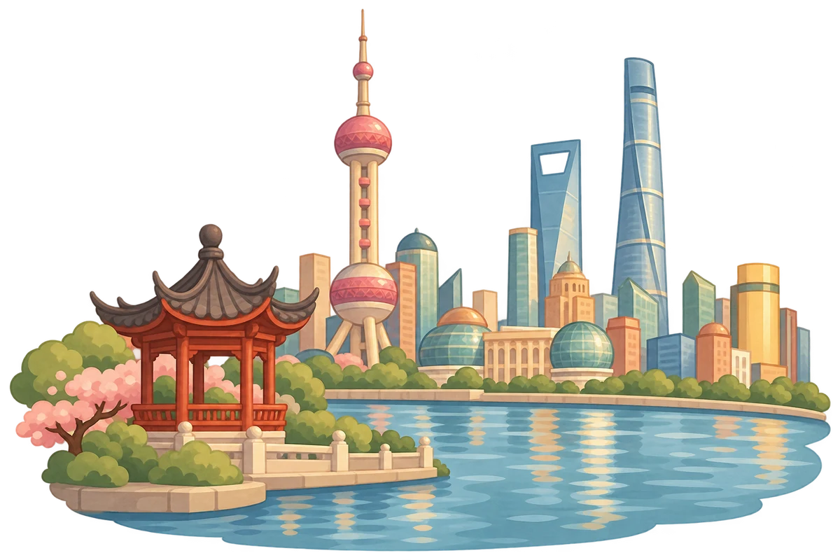 Illustrazione di Shanghai con un padiglione cinese, il fiume e i grattacieli di Pudong