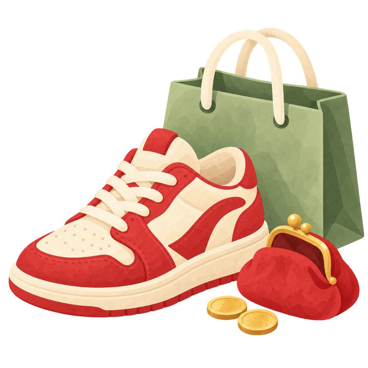 Una sneaker chiara accanto a una borsa salvia e a un piccolo portamonete