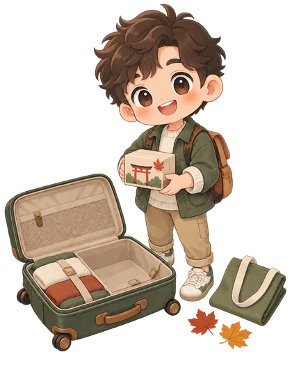 Viaggiatore illustrato con un souvenir accanto alla valigia