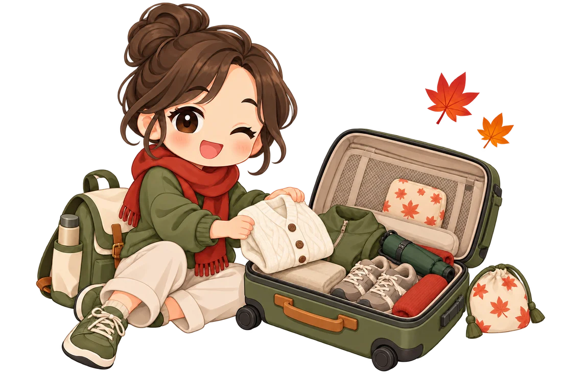 Viaggiatrice illustrata prepara la valigia per il Giappone in autunno